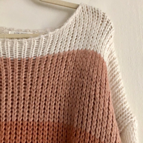 12th Tribe white, mauve pink, orange and red Too Soon knit sweater - Picture 3 of 10